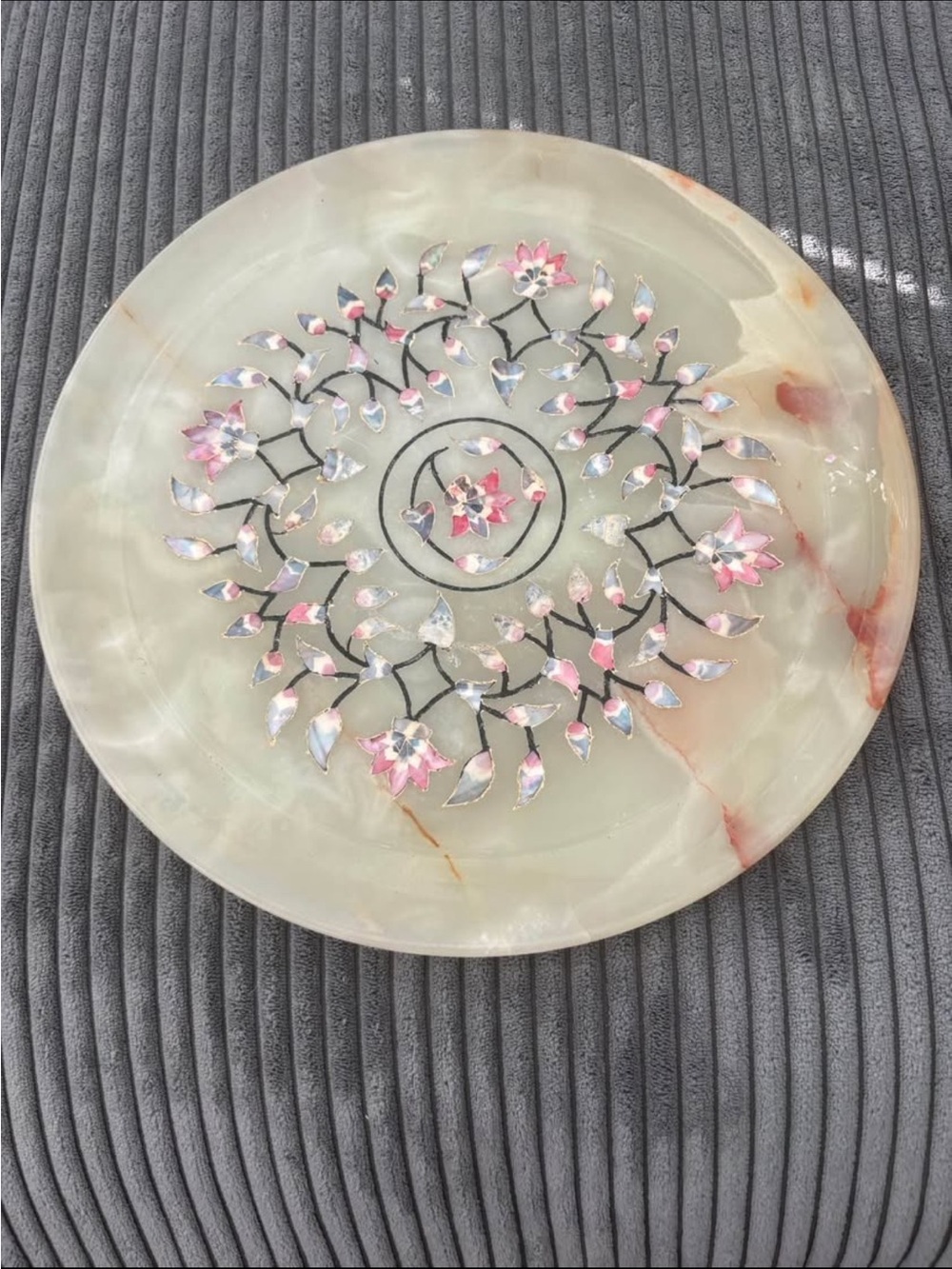 Gorgeous 11.5” stone platter with mother of pearl and abalone inlay